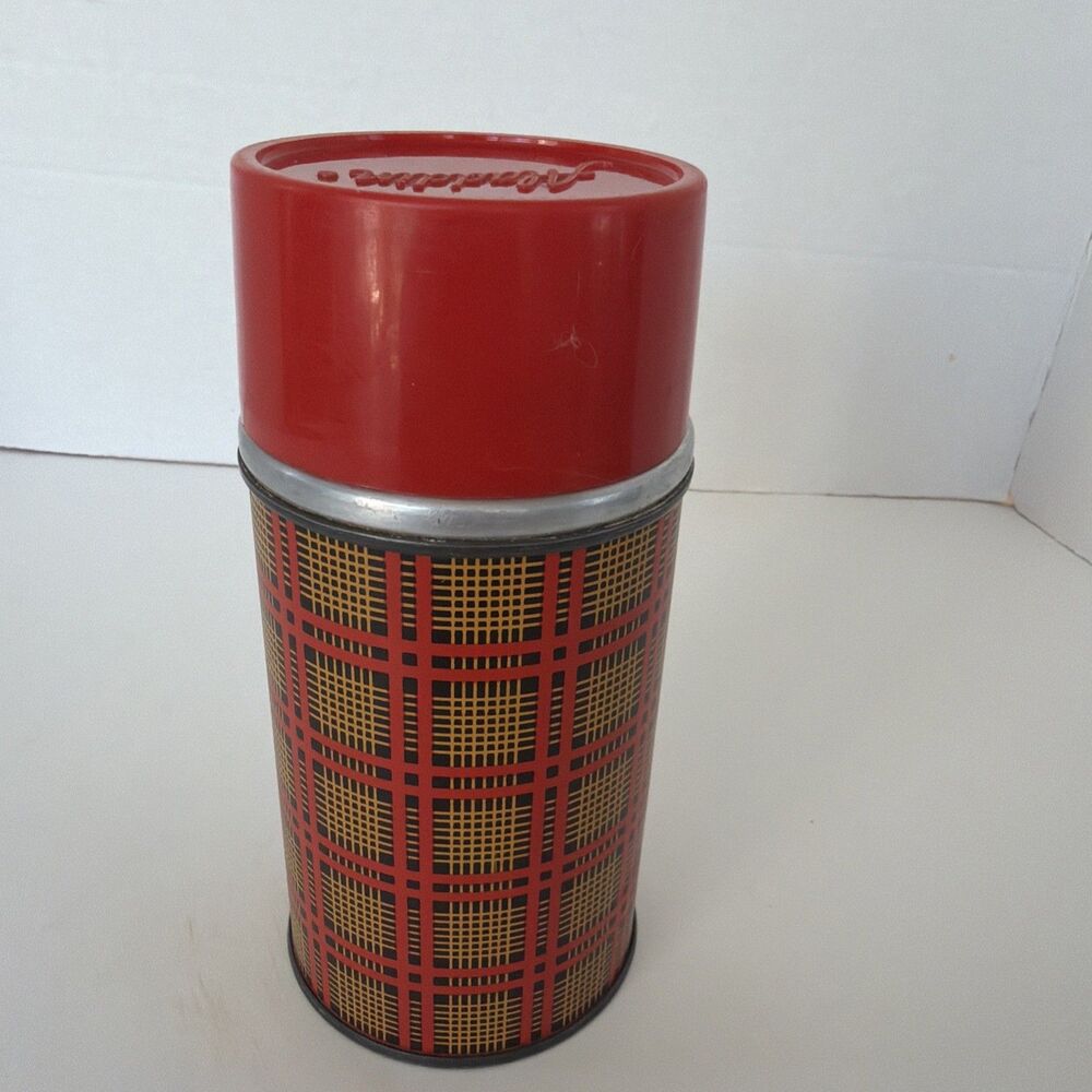 Vintage Aladdin Thermos Vacuum Bottle Nashville TN Orange Plaid Check Retro MCM